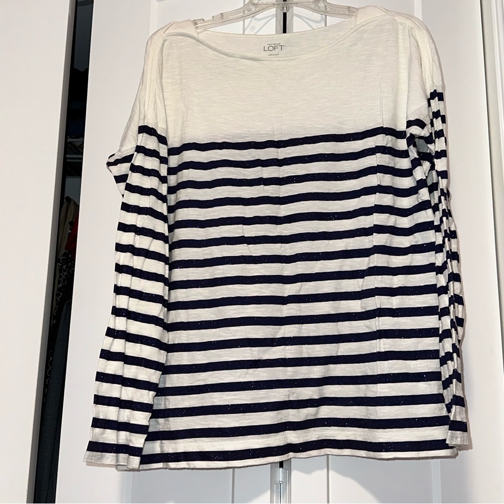 Ann Taylor Loft white and blue sparkly stripe shirt (XL)